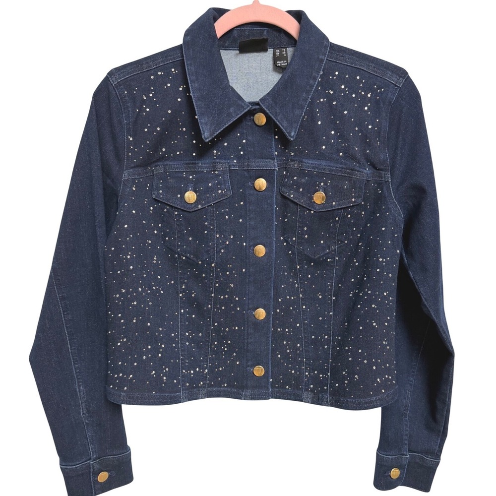 Women With Control Renee Greenstein Rhinestone Denim Jacket Dark Wash XS NEW
